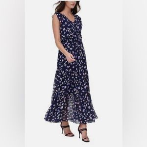 EUC DKNY Floral Double V Tiered Ruffle Maxi Dress